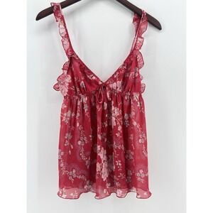 Y2K Victoria's Secret Sheer Raspberry Pink Floral Baby Doll Camo w/ Ruffled Trim